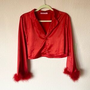 Y2K red satin marabou fur trim sugar thrillz top